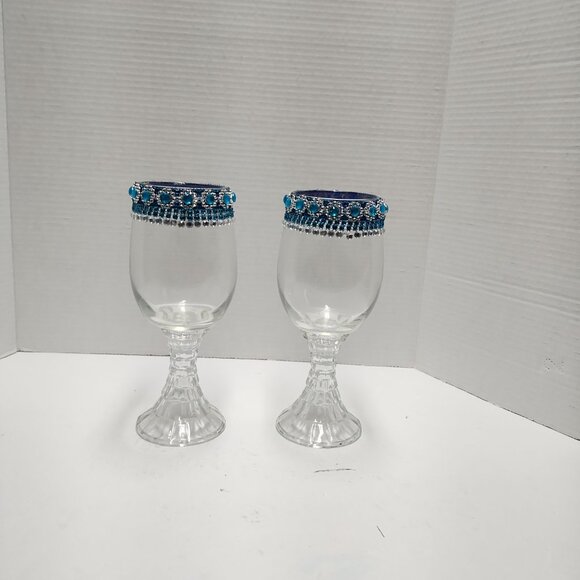Handmade Crystal Goblet Candle Holders – Blue & Silver Jeweled Rim (Set of 2) - Picture 2 of 2